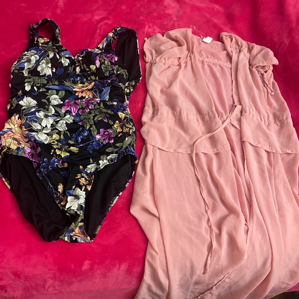 Floral Swimsuit and Pink Cover-Up Set